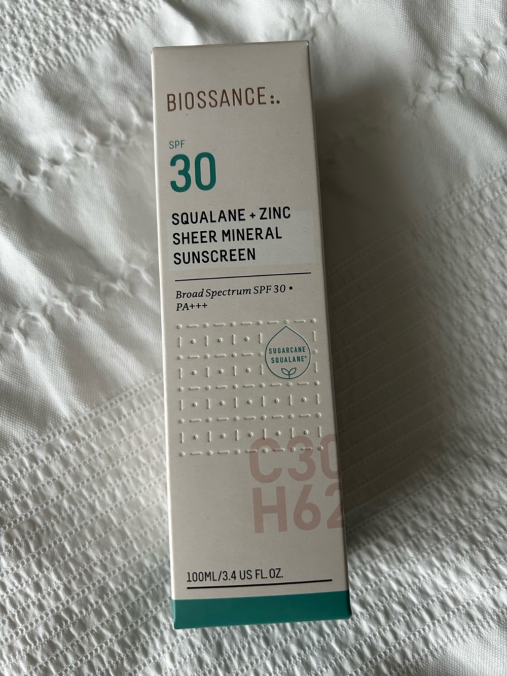 Biossance White Box SPF 30 Sheer Mineral Sunscreen with Teal Accents- New in Box